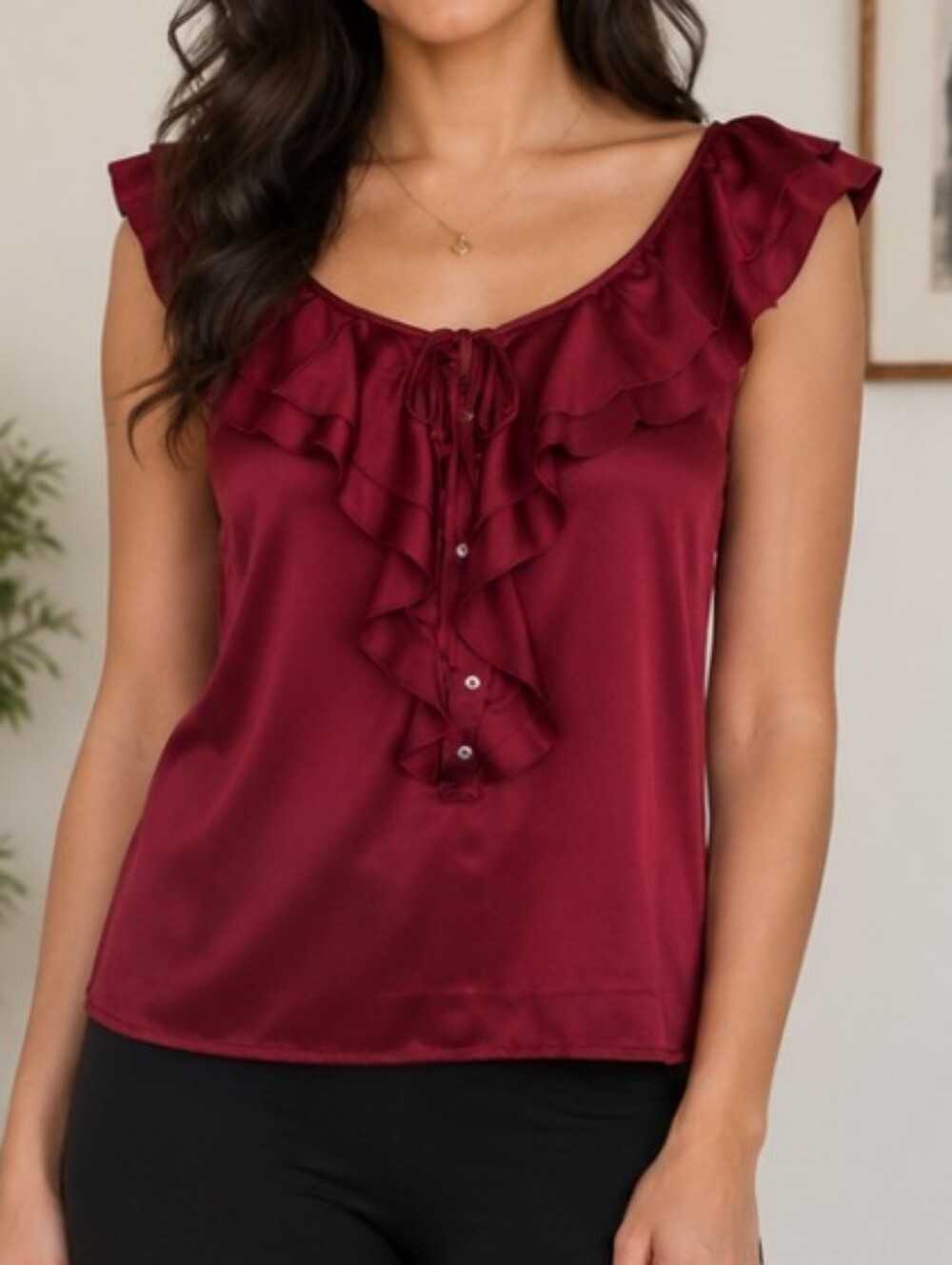Theory Arnalda Sleeveless Ruffled Front Silk Blend Blouse Top Burgundy Sz P